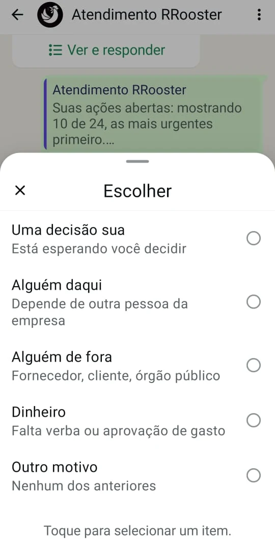 Formulário aberto dentro do WhatsApp com cinco opções para explicar um bloqueio: uma decisão sua, alguém daqui, alguém de fora, dinheiro, ou outro motivo.