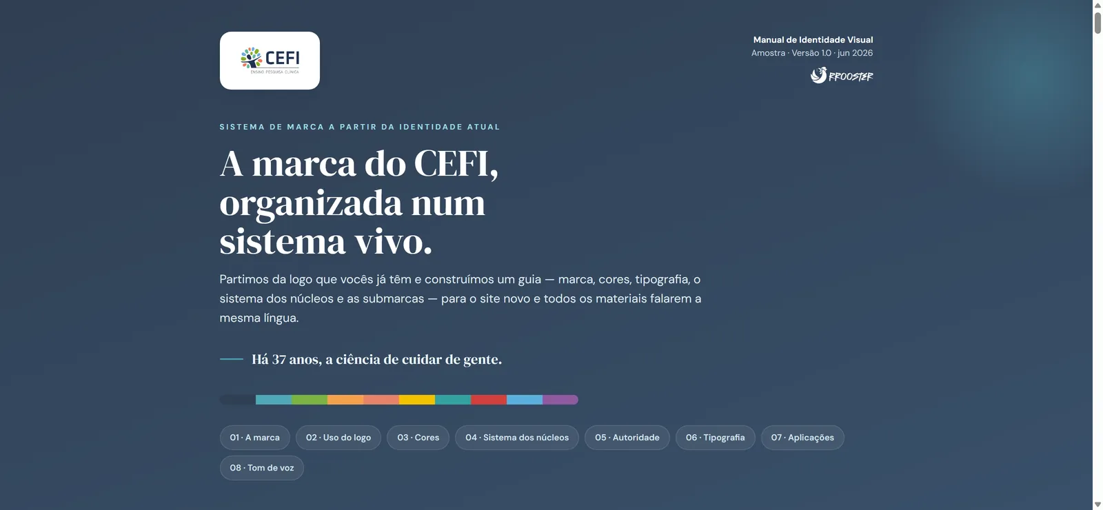Capa do manual de uma faculdade de psicologia: fundo claro editorial, título “A marca do CEFI, organizada num sistema vivo”, faixa com as cores dos núcleos e o índice das seções.