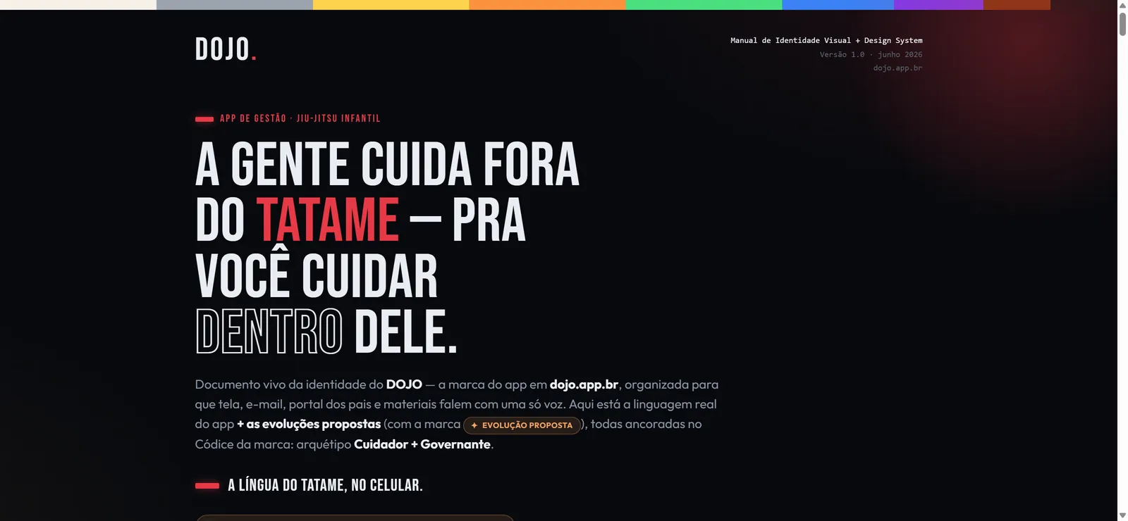 Capa do manual de um aplicativo de jiu-jitsu: fundo escuro, tipografia condensada com destaque em vermelho e a faixa com as cores de graduação.