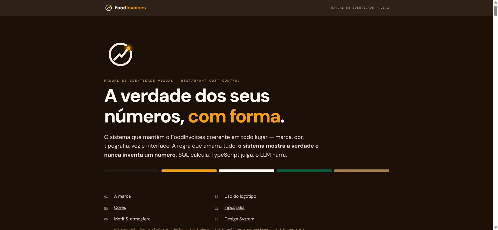Capa do manual de um SaaS de restaurantes: fundo âmbar quente, símbolo circular e título “A verdade dos seus números, com forma”.