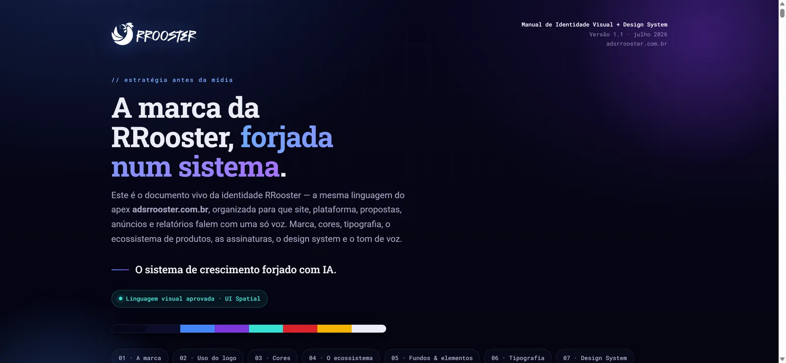 Capa do manual da RRooster: fundo escuro espacial, título “A marca da RRooster, forjada num sistema” e o índice das dez seções.