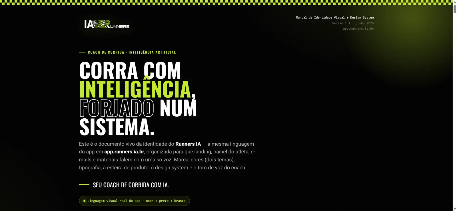 Capa do manual de um aplicativo de corrida: fundo preto, tipografia condensada em caixa alta, um único neon verde-limão e a faixa quadriculada de corrida.