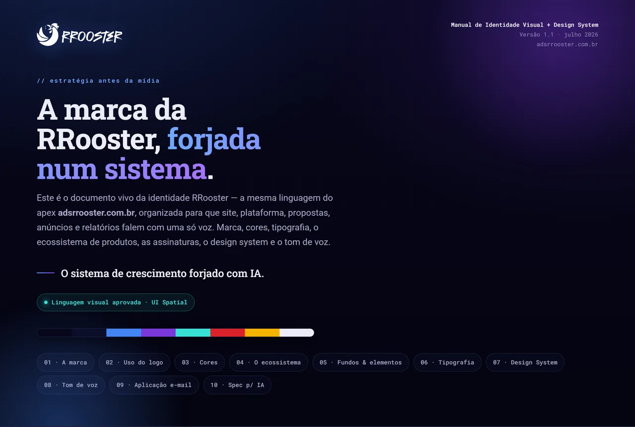 Capa de um manual feito com a Forja de Marca: assinatura da marca, brand line, faixa com as cores do sistema e o índice das dez seções do documento.