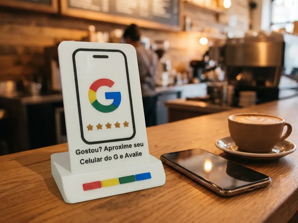 Placa de avaliação do Google com base sobre o balcão de madeira de um café, ao lado de uma xícara e de um celular