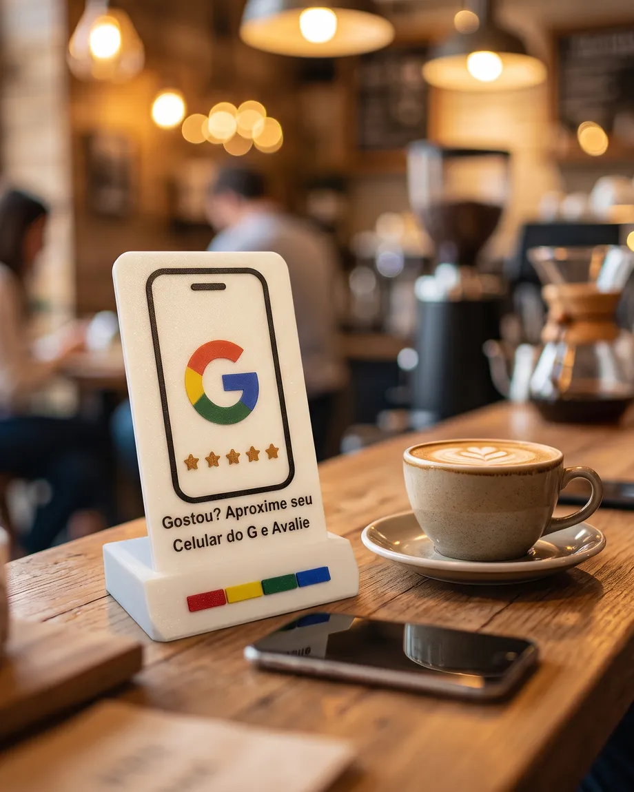 Placa de avaliação do Google com base sobre a mesa de um café, ao lado de uma xícara e de um celular