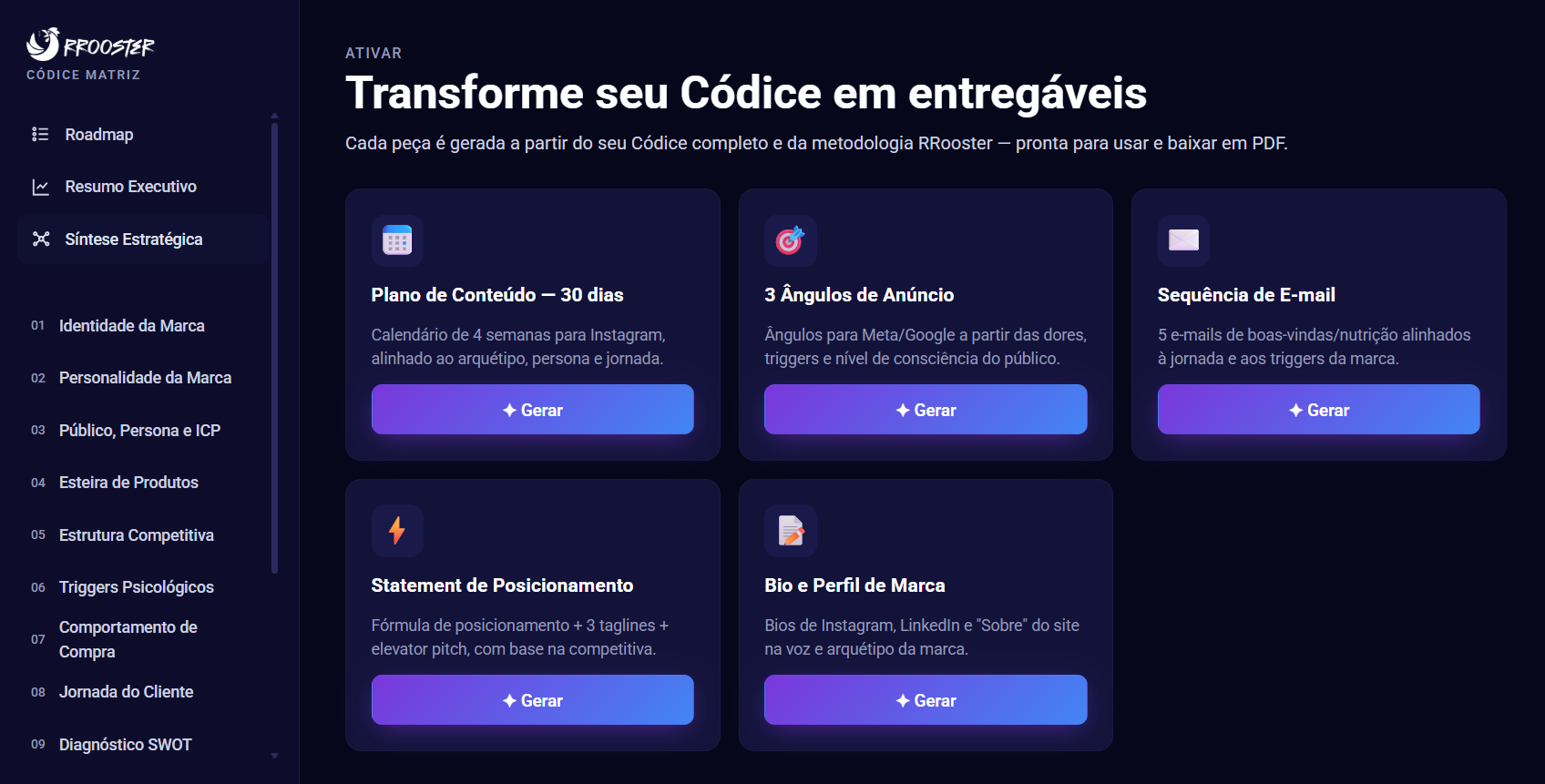 Tela Ativar do Códice: geração de entregáveis por IA.